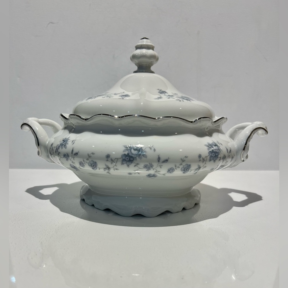 Johann Haviland Bavaria Germany Blue Garland Footed Bowl & Lid Platinum Trim